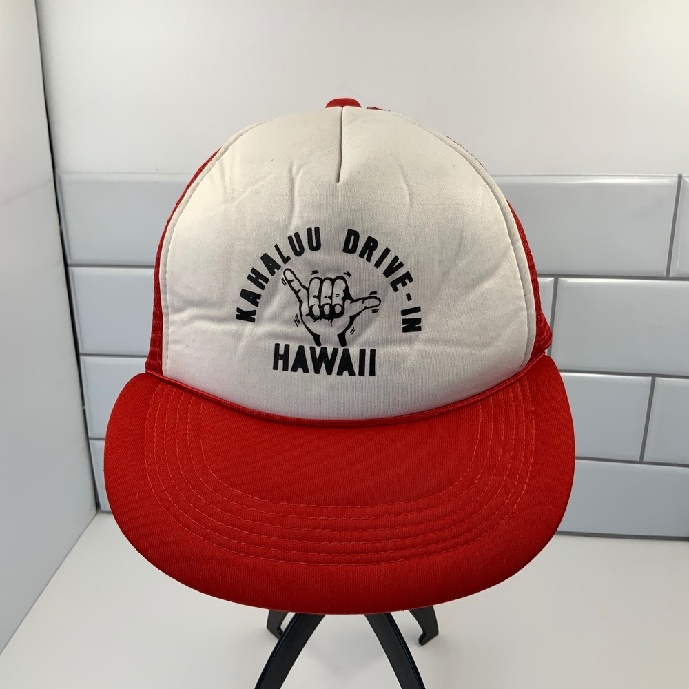 Vintage Kahaluu Drive-In Hawaii Trucker Hat Red White Shaka Snapback Mesh‎ Cap
